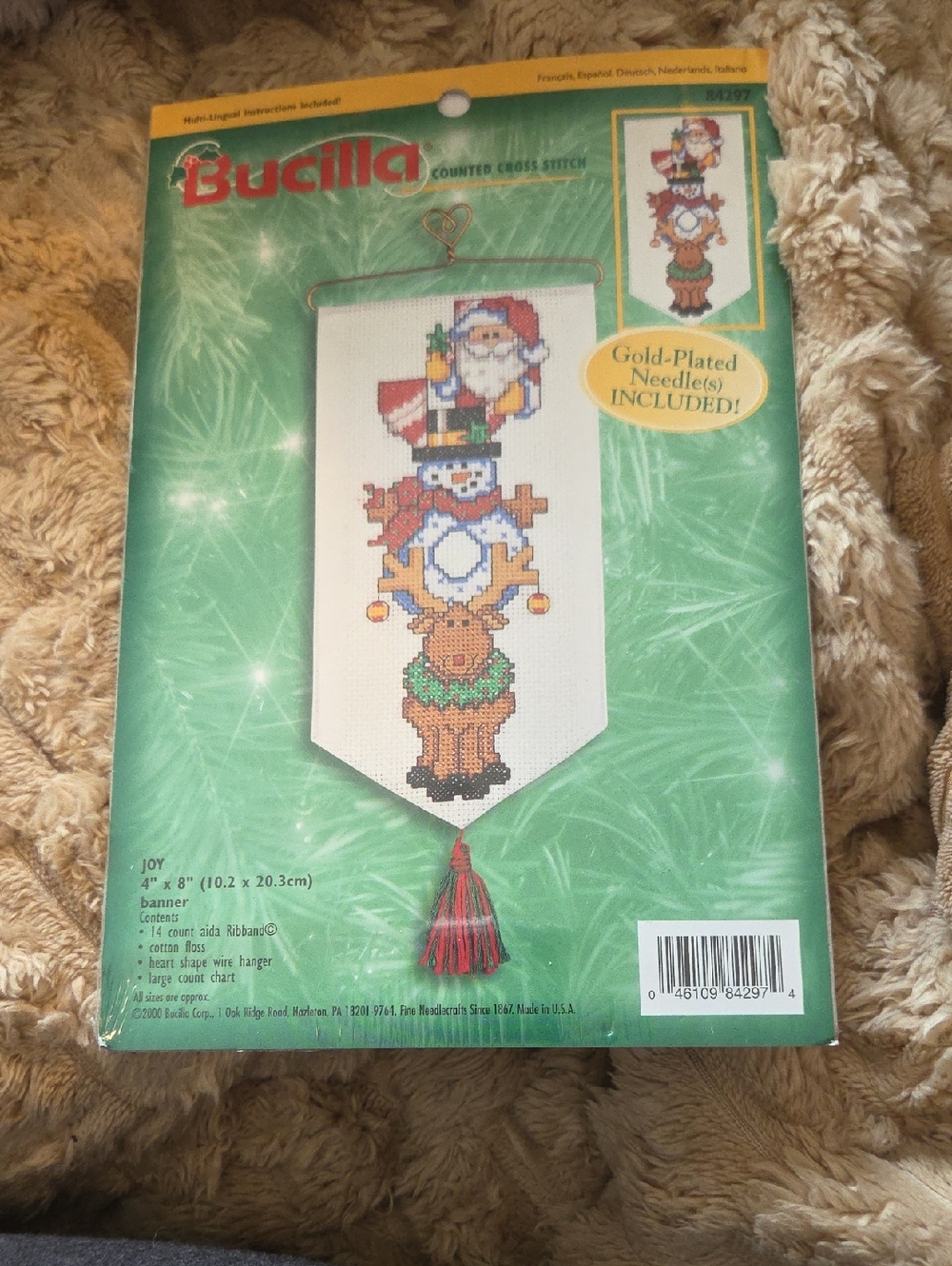 Bucilla Holiday Stacked Characters Cross Stitch Banner - White with Red & Green